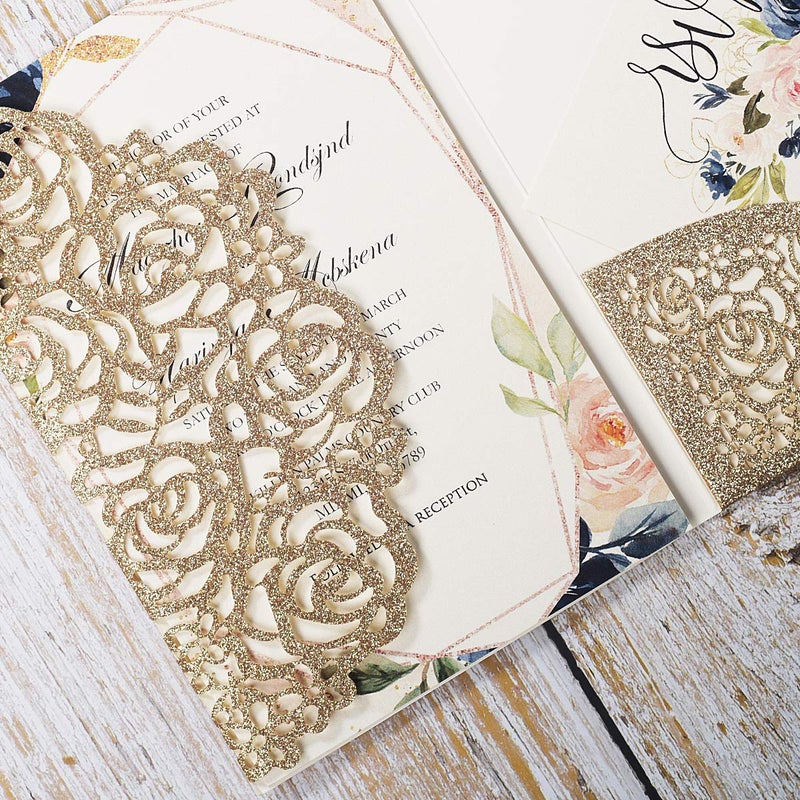 KUCHYNEE 5.1 x7.1 inch 20PCS Blank Gold Glitter Laser Cut wedding invitations with Envelopes and RSVP Hollow Rose Pocket With Ribbon Invitation Cards for Wedding Invite - Image 5